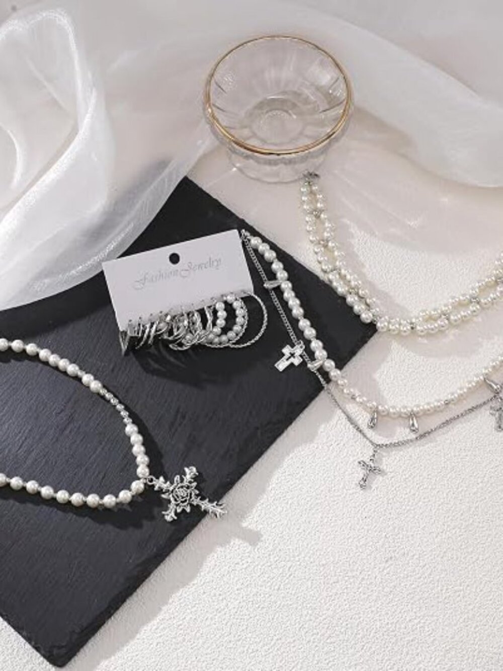 9 Piece Layered Pearl Cross Necklace Choker and Hoop Earrings Jewelry Set - Picture 6 of 7